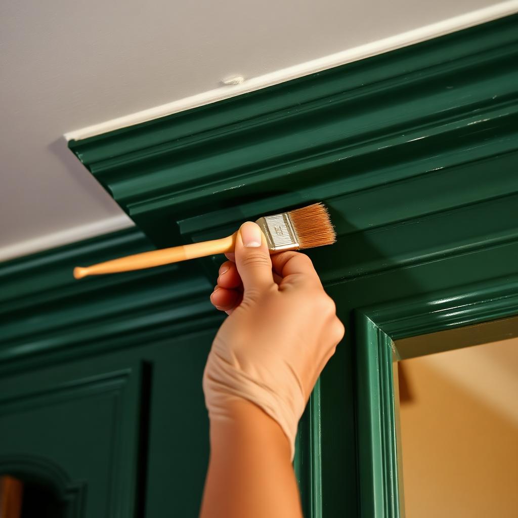 Painter applying deep green paint to ornate Georgian crown molding
