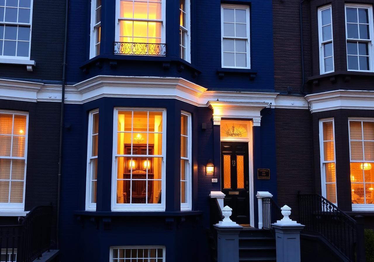 Victorian seafront townhouse facade painted in deep navy blue with white trim