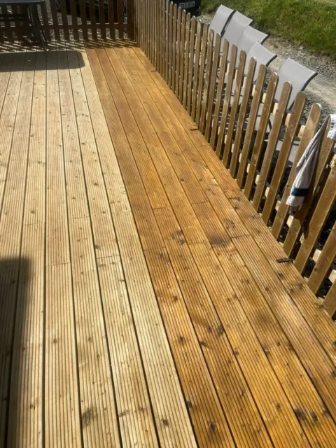 Freshly stained timber decking