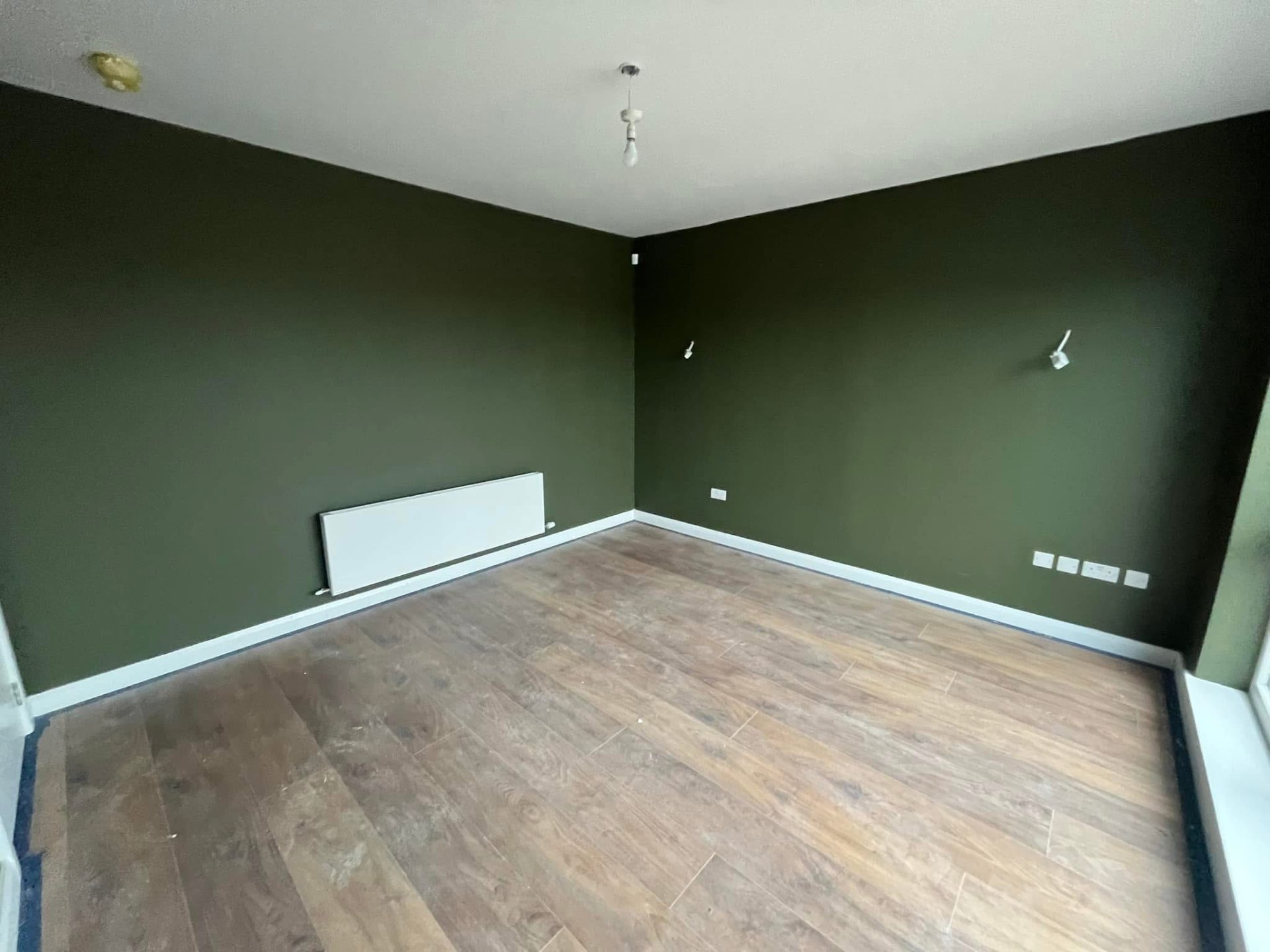 Bedroom with deep olive green walls and warm wood flooring